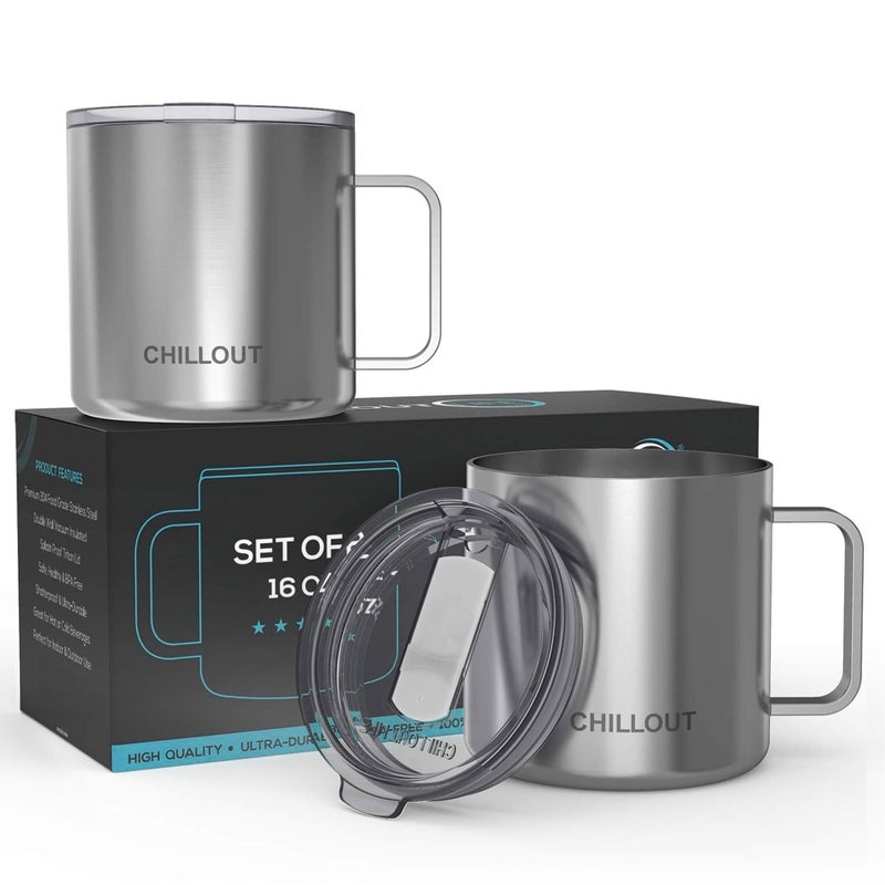 CHILLOUT LIFE Stainless Steel Vacuum Insulated Coffee Mug 16 oz (Set of 2) with Handle and Lid, Large Thermal Camping Coffee Mugs with Sliding Lid for Men & Women, Keeps Your Beverages Hot & Cold - Image 1